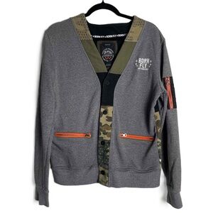 Rare Born Fly Mens Gray‎ Patchwork Camo Button Down Jacket Orange Zippers Medium